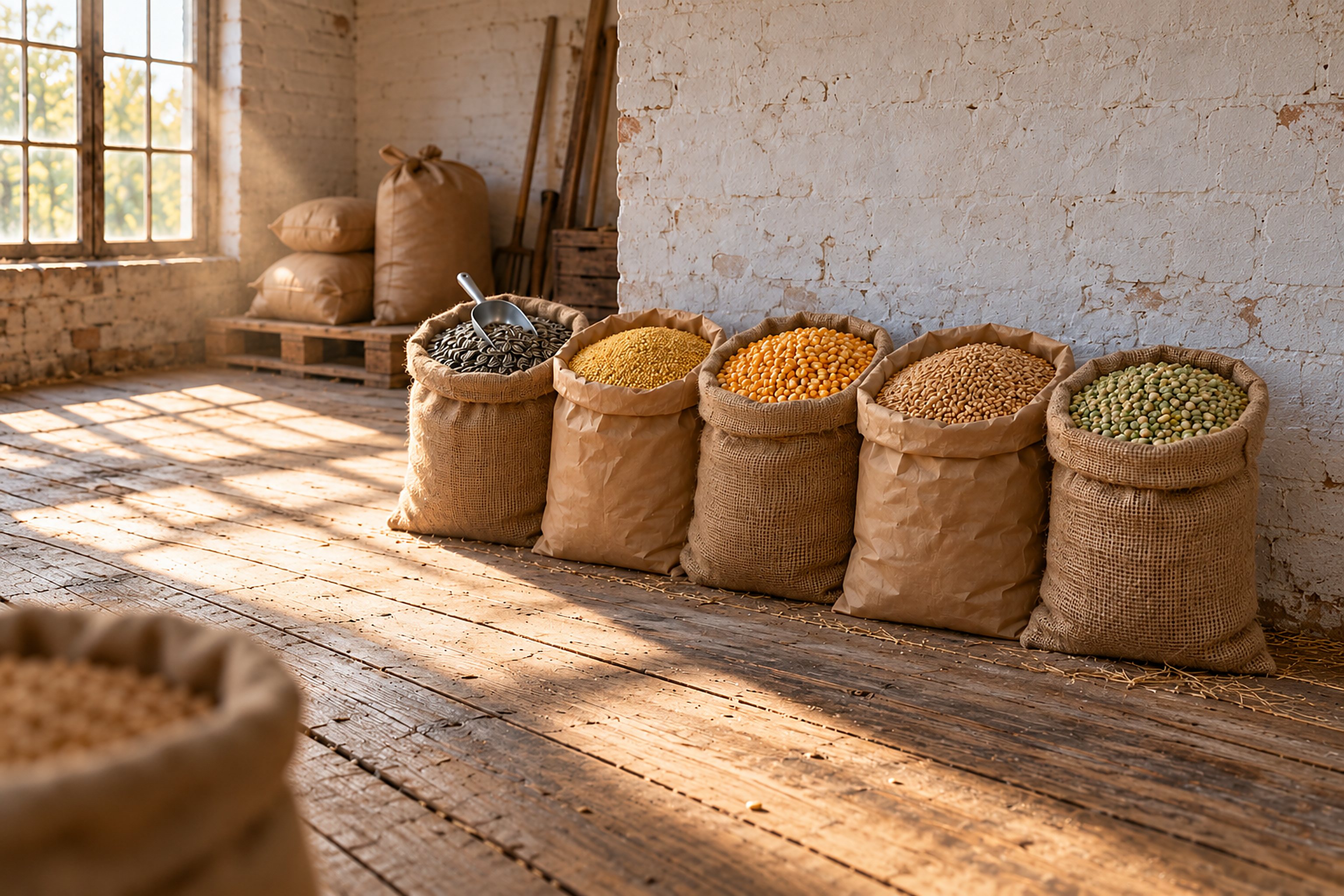 Offene Futtersäcke aus Jute und Packpapier mit Sonnenblumenkernen, Hirse, Mais, Weizen und Erbsen auf einem Holzboden, Morgenlicht fällt durch ein Sprossenfenster
