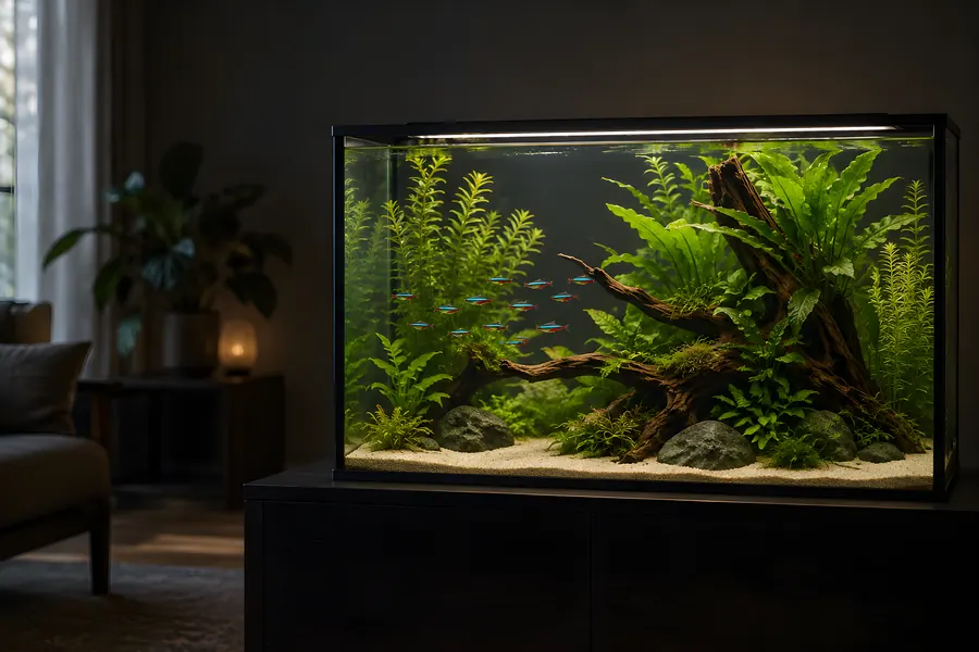 Bepflanztes Süßwasseraquarium mit einem kleinen Schwarm Neonsalmler